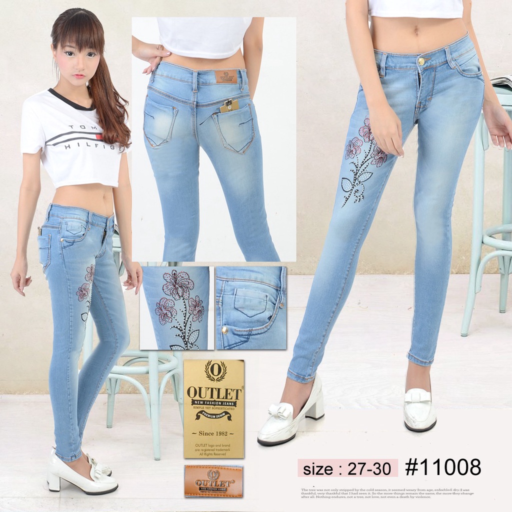 HOPYLOVY SUPER SALE Celana Skinny Jeans Wanita Bahan Strech Manik Bunga