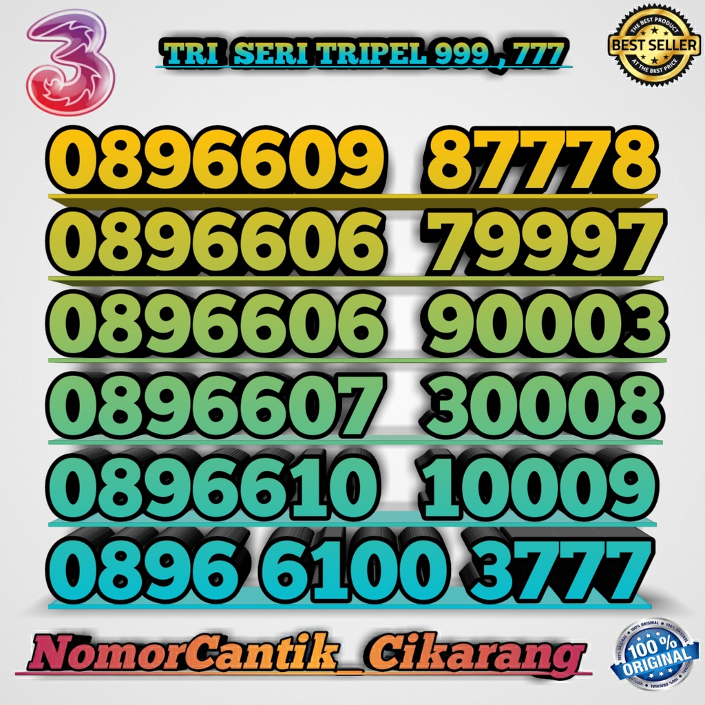 NOMOR CANTIK TRI 12 DIGIT SERI TRIPEL 000 777 888 999 KARTU TRI CANTIK ABAB 2929 4242 NOMOR CANTIK T