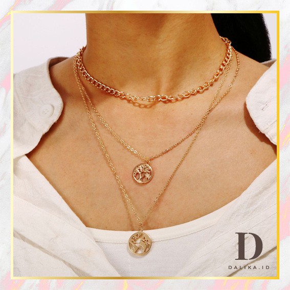 Kalung Choker Multilayer Dengan Liontin Pohon Bumi Emas Vintage Aksesoris untuk Wanita Dalika