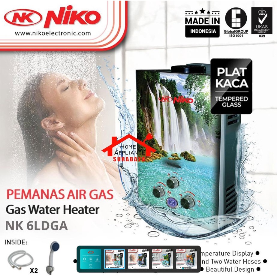 Water Heater - Pemanas Air Gas NIKO Body Kaca / Tempered Glass + Temperature LED Display Kapasitas 6 Liter NK 6 LDG A / B / C / D