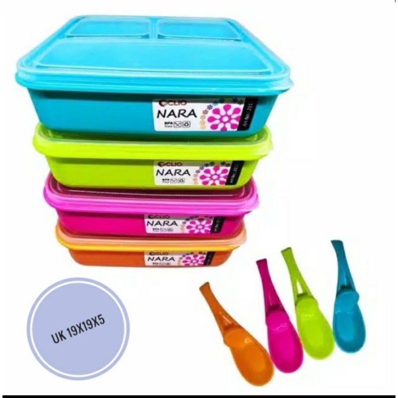 Lunch Box Clio Nara 3 Sekat Free Sendok / Kotak Bekal Misting Clio Nara Sekat 3