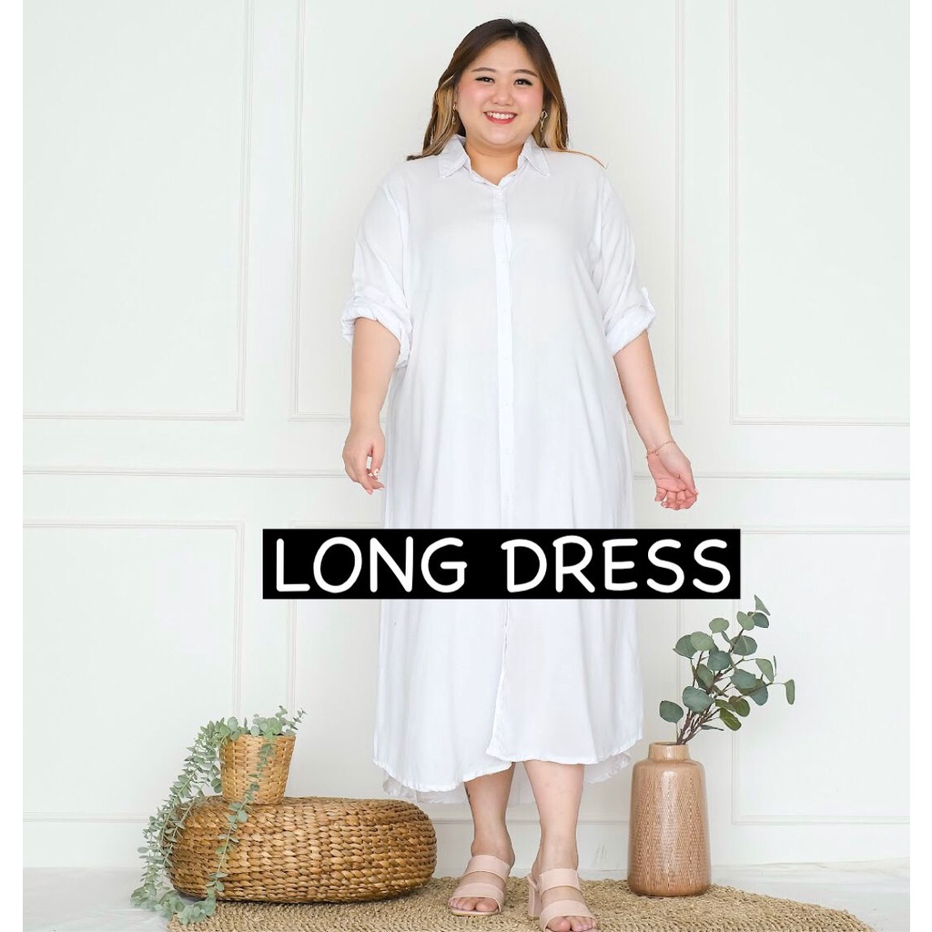 TOKODINZLIE KEMEJA PANJANG LONG DRESS LONG DRESS GAMIS WANITA PUTIH POLOS BIGSIZE JUMBO BIG SIZE XXX