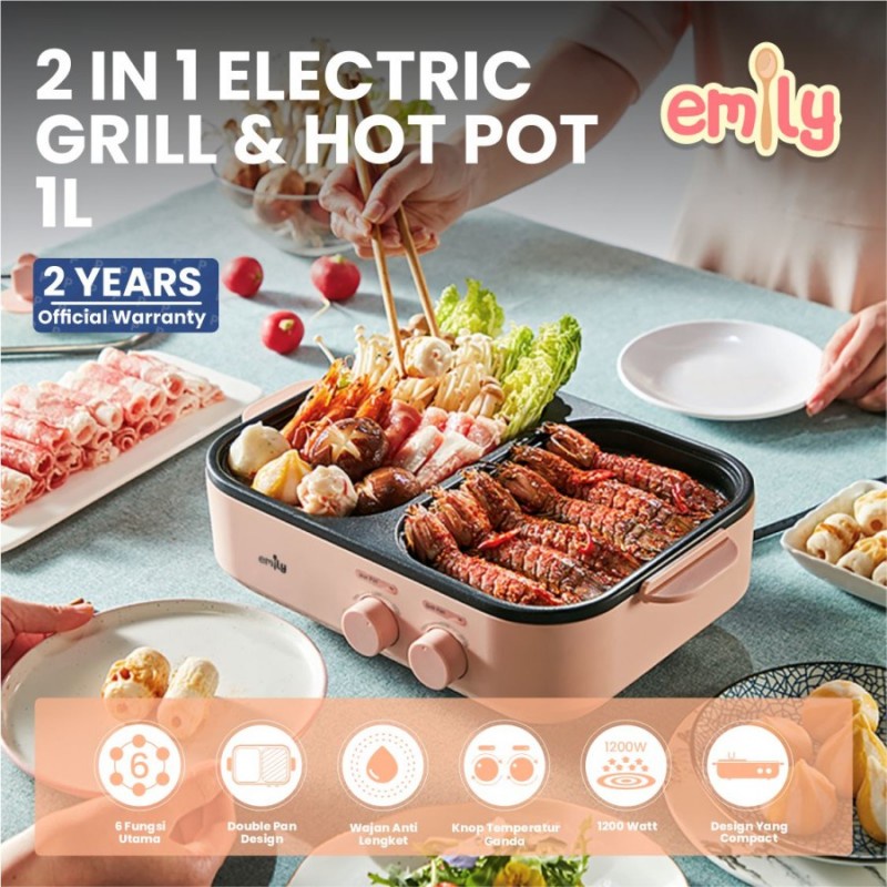 Emily 2 in 1 Electric Griller &amp; Hot Pot / Pemanggang Perebus Makanan - 1 L