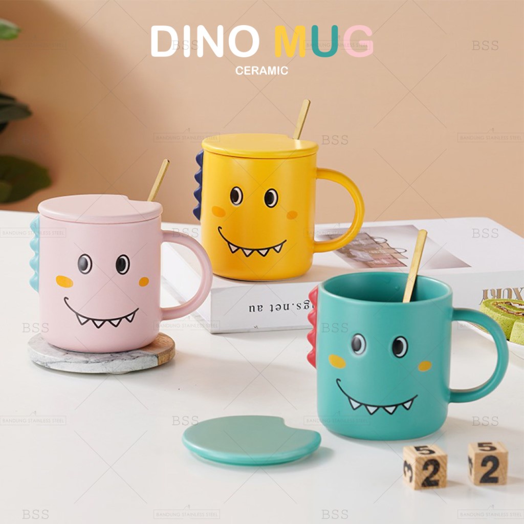 Mangkok Keramik Bowl Cereal Mug Cangkir Dinosaur Gelas Minum Dino Anak-Anak Lucu Warna Warni