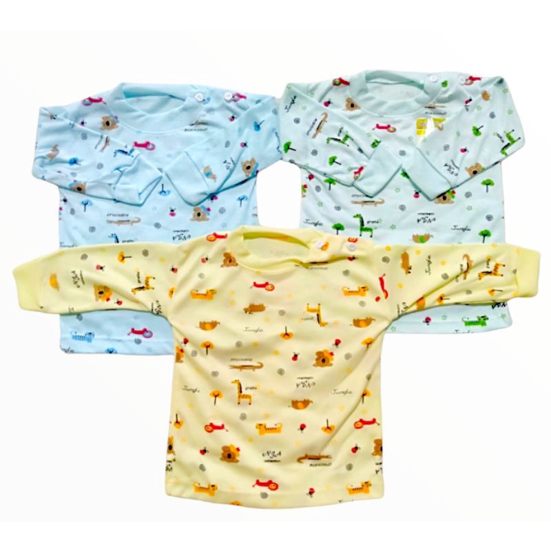 Isi 3 Kaos Oblong Bayi Lengan Panjang Kancing Samping umur 1-12 bulan Katun SNI