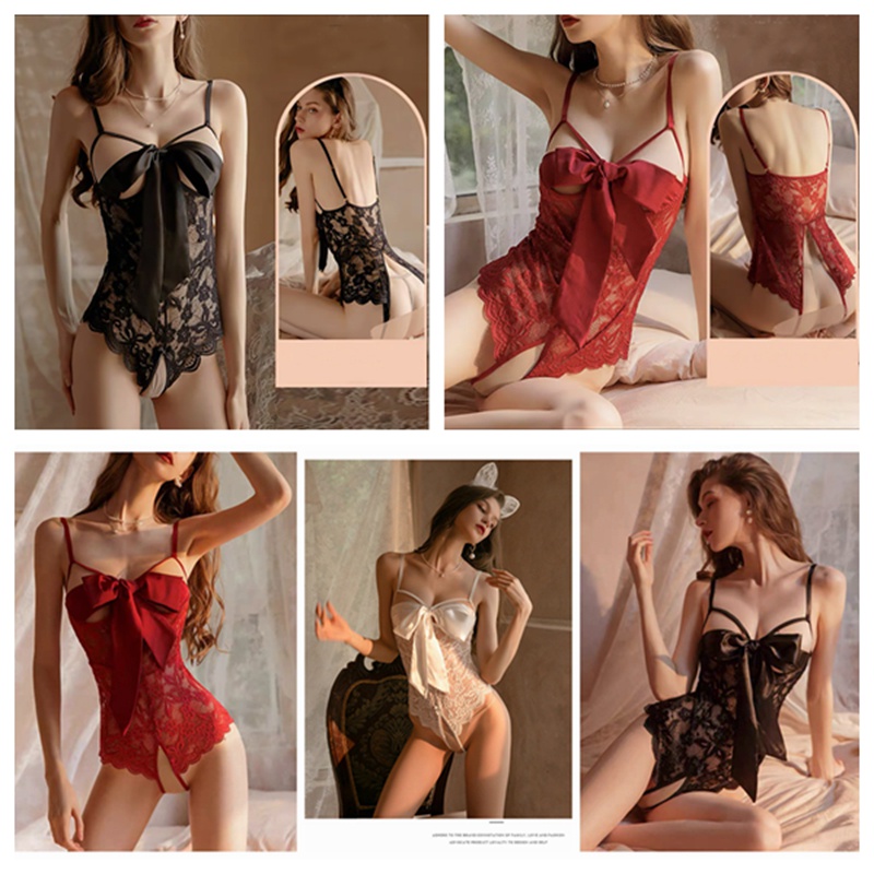 Lingerie Sexy hot transparan Open Crotch Sexy Lingerie lure Uniform Passion Seksi Halter Neck Lace Babydoll (Kombo) A522-A