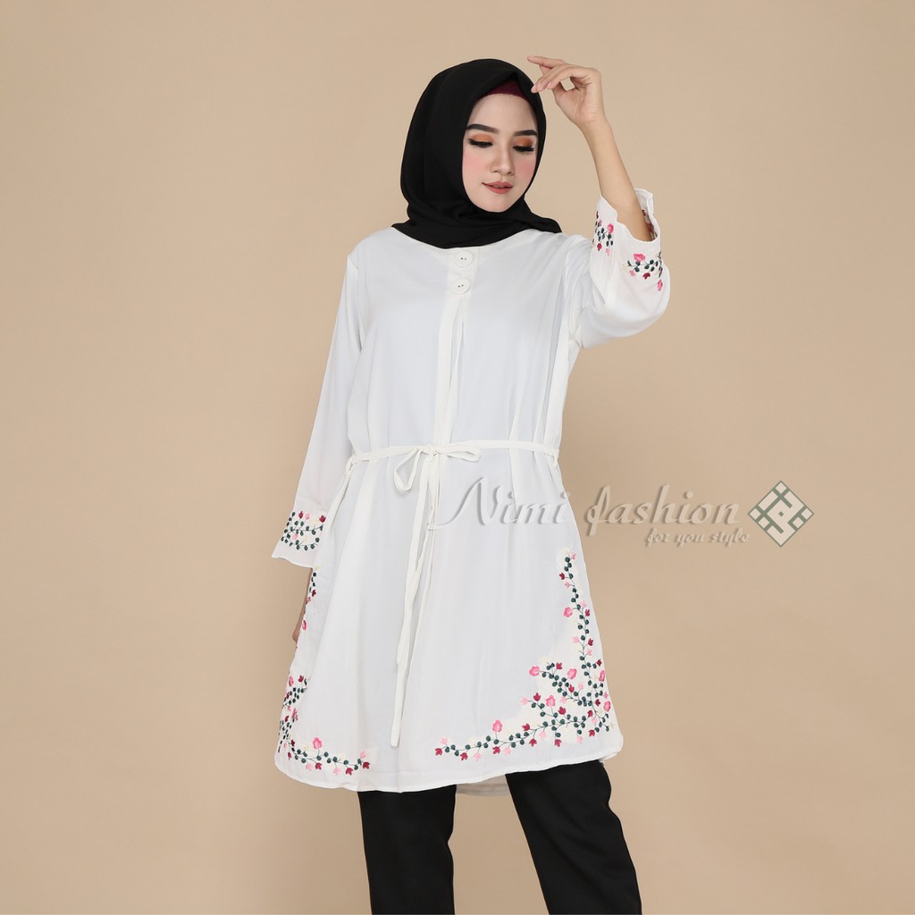 Baju Atasan Tunik Putih  Bordir Premium / Tunik Putih Panjang Big Size Nimi Fashion