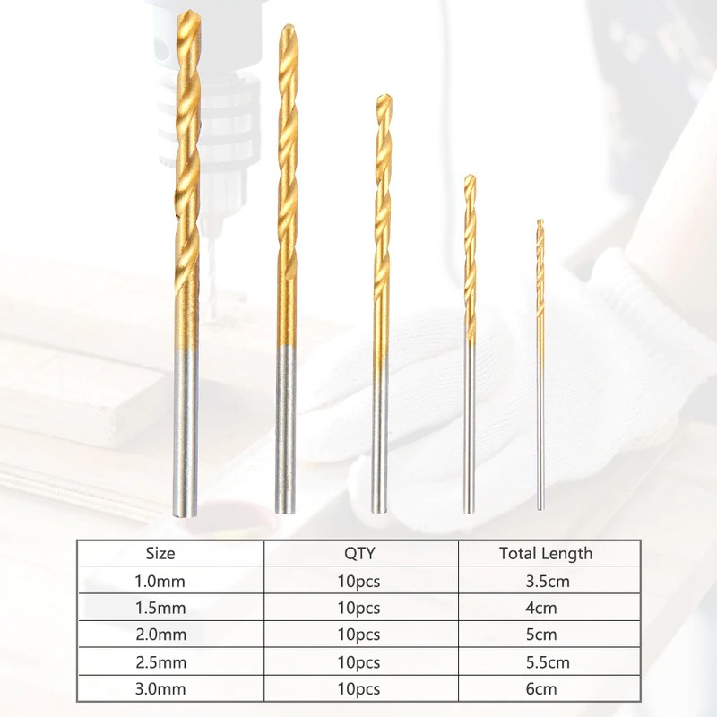 Nuansa - Mata Bor Power Drill Bits Titanium Coated 50 PCS - Golden 1.0mm, 1.5, 2.0, 2.5, 3.0mm