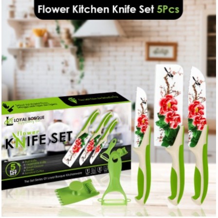 Pisau Set Knife 5in1 Motif Bunga/Flower Kichen Kicen Knife Set Murah Portable Serbaguna -missbejogrosir