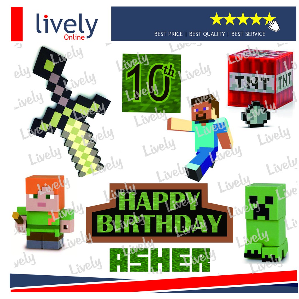 CUSTOM NAMA CAKE TOPPER KARAKTER MINECRAFT 02 HIASAN KUE ULANG TAHUN HAPPY BIRTHDAY