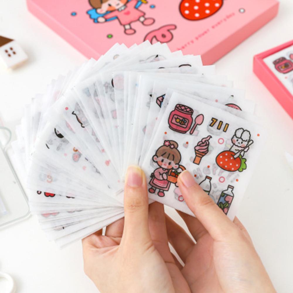 Lanfy Kawaii Stiker Set 100pcs/kotak Kartun DIY Scrapbooking Tahan Air Minum Makanan Hewan Perempuan Pola Diary Album Foto Perekat Decals