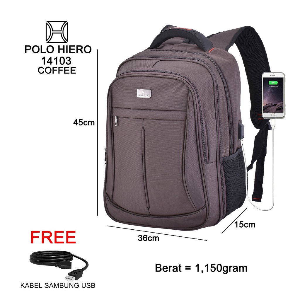 Tas Laptop Ransel Sekolah Backpack Polo Hiero 14103 , [Free Kabel USB Extension, Free Rain Cover]