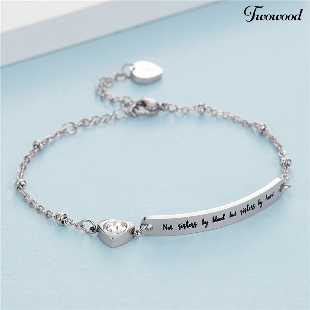 Twowood Letter Print Adjustable Women Bracelet Titanium Steel Curved Plate Heart-shaped Dangle Bracelet Jewelry Accessory