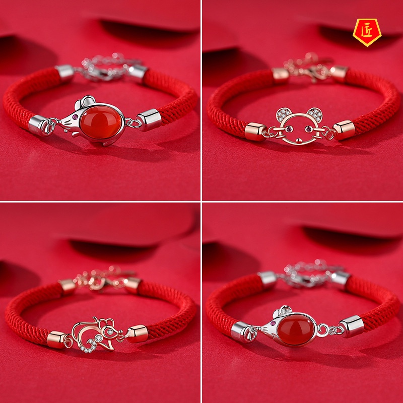 [Ready Stock]Silver Red Agate Lucky Mouse Red Rope Bracelet Female