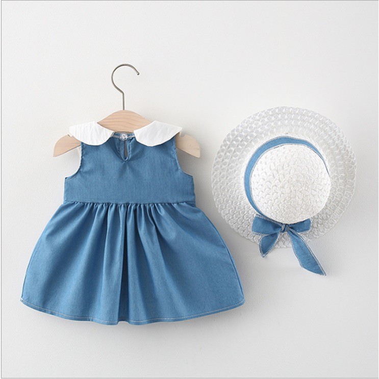 Set Dress dan topi bayi anak /baju dress anak/pakaian anak perempuan  warna biru jeans premium