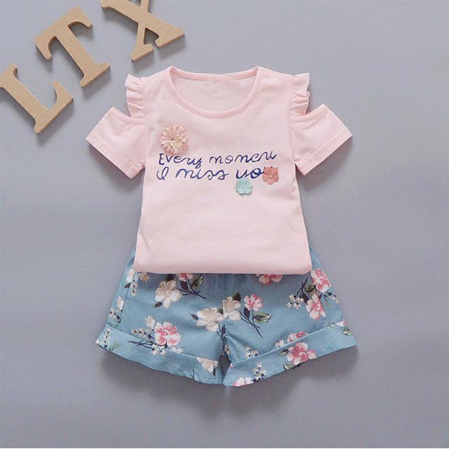 Baju setelan anak perempuan kaos+celana pendek baju set anak cewek lucu style import-Pink Muda