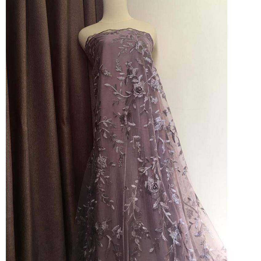 Bahan Kebaya Brokat Brukat Tile Tille Tulle 3D Bordir Premium Bunga Timbul Venecia Series Warna Ungu