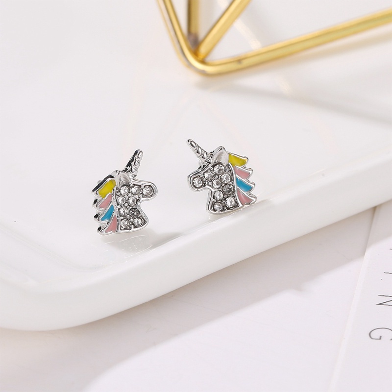 Fancyqube Anting Stud Enamel Kristal Bentuk Hewan Unicorn Warna Silver Untuk Wanita