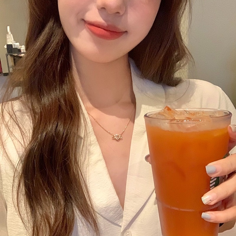 Papaozhu Korea 14 K Emas Bersinar Zirkon Cupid Hati Malaikat Liontin Kalung Untuk Wanita Perempuan Elegan Romantis Cinta Kalung Perhiasan Aksesoris