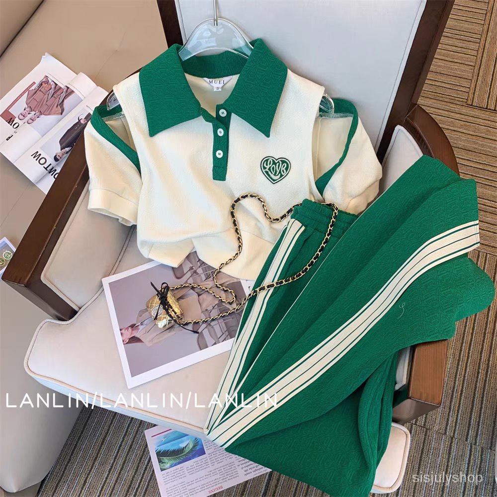 #Sisjuly# Wanita Kasual Fashion Setelan Musim Panas Baru Olahraga Celana Lebar Kaki Set Dua Potong