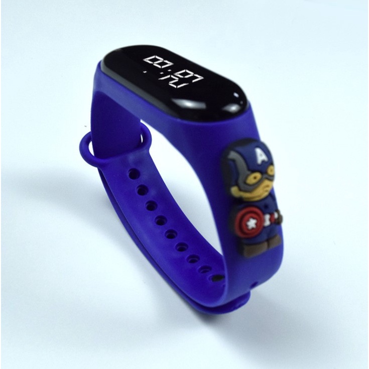 Jam Tangan Anak Elektronik Led Anti Air IP67 Water proof Motif Kartun Mickey Pikachu Bahan Silikon Untuk Anak / Jam Tangan Karakter 009-BLUE CAPTAIN AMERICA