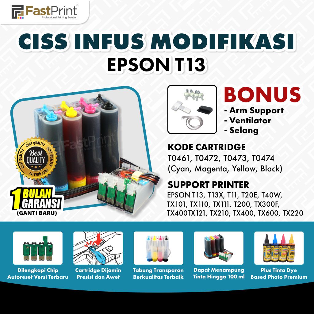 CISS Infus Modifikasi Plus Tinta Printer Epson T11 T13 T13X T20E T40W TX101 TX110 TX111 TX121 TX200