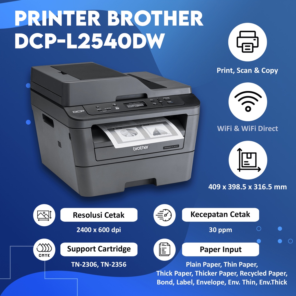 Printer Laser Brother DCP-L2540DW L2540dw WiFi Mono Laserjet Print Scan Copy Duplex TN2356 DR2306 Original