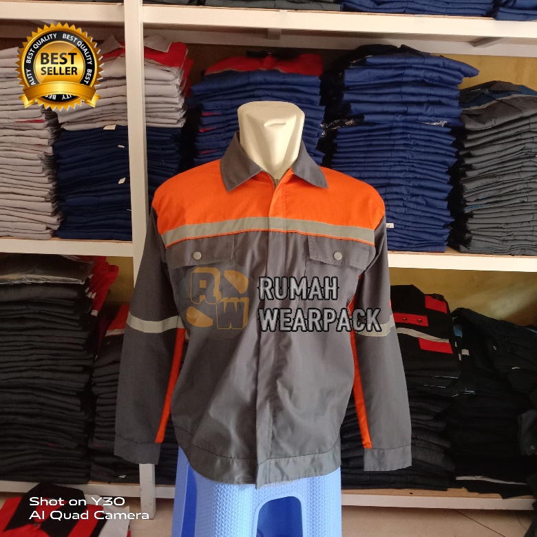 Baju Kerja/ Wearpack Proyek/ Seragam Kerja Atasan Warna Abu Tua Kombinasi Oranye