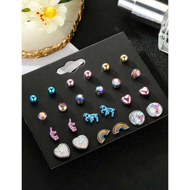 LRC Anting Set  Fashion Color Artificial pearl Rainbow Fish Scale Unicorn Earring Set D42523