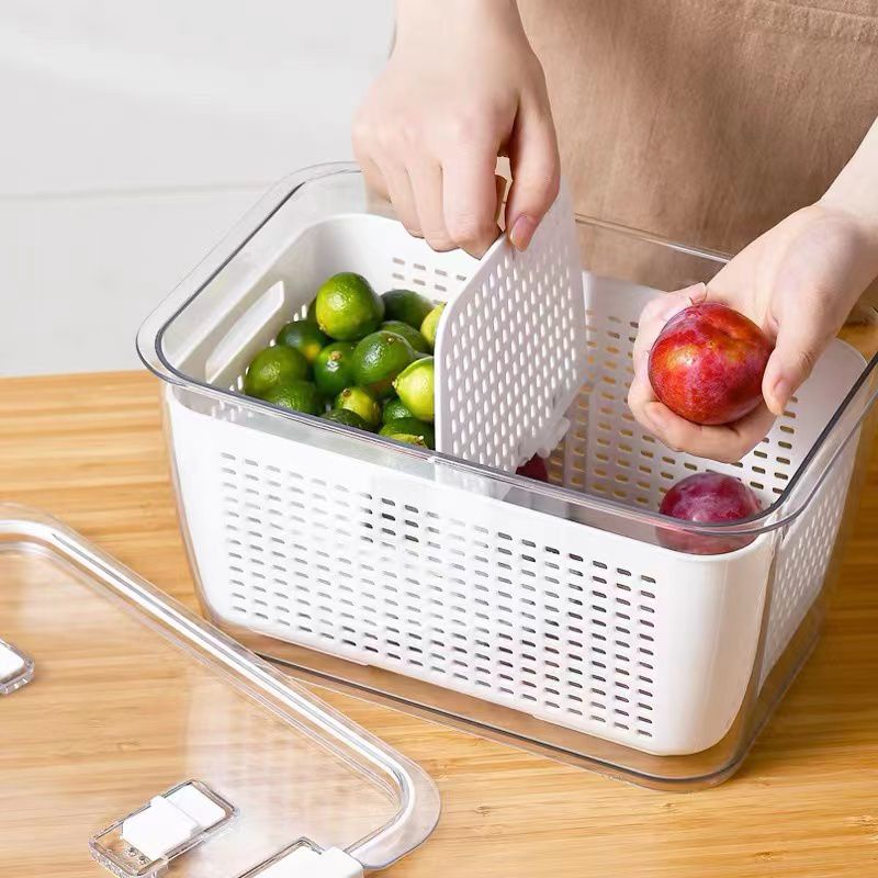 STV Compartment refrigerator drain basket toples saringan Fresh Box Penyimpanan Makanan Kotak Penyimpanan Makanan Segar Kulkas Buah Sayuran dengan saringan draining basket storage food box ukuran Medium