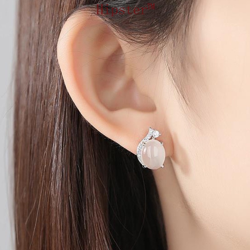 Retro Elegant Hetian White Jade Platinum Micro Inlaid with Diamond Stud Earrings