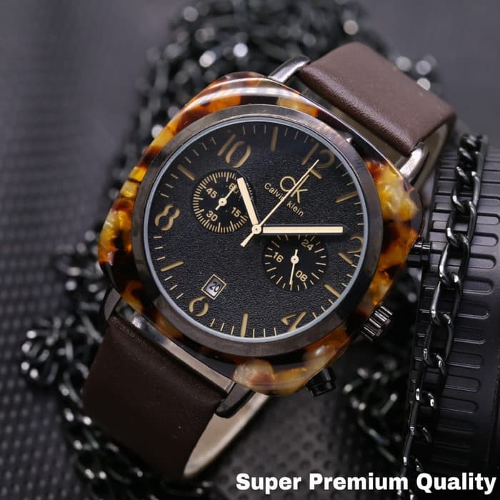 Jam Tangan Pria / Cowok CK Segi Chrono Leather Dark Brown Leopard