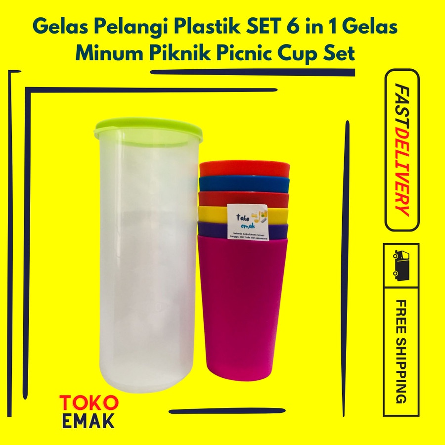 Gelas Pelangi Plastik SET 6 in 1 Gelas Minum Piknik Picnic Cup Set