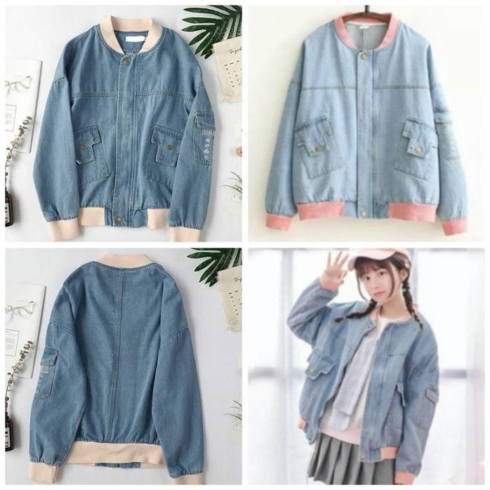 Denim Jeans Outer Jaket Bomber Wanita Baseball Jacket Levis Tebal Jins
