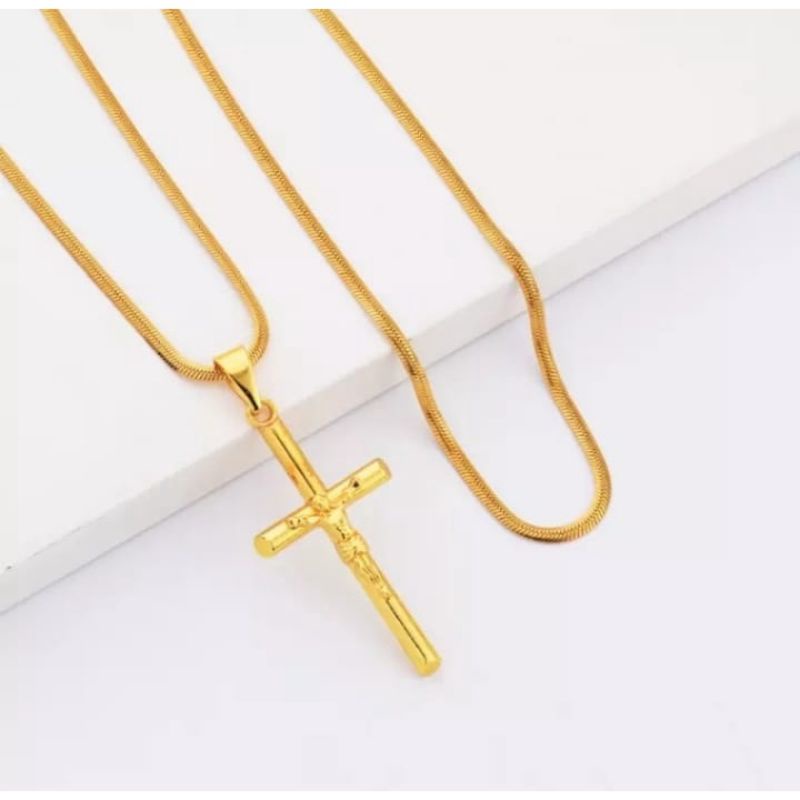 Kalung Salib Yesus Emas Model Rantai Gepeng Titanium