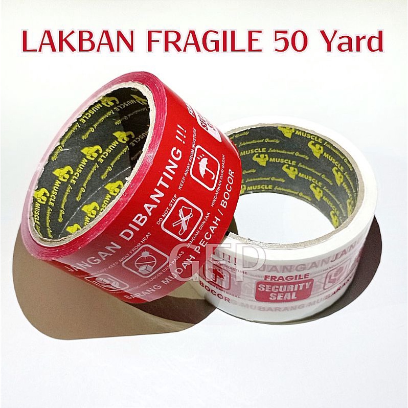 Lakban Fragile Jangan Dibanting 2 Inch 50 Yard MUSCLE Merah Putih - Segel Barang Pecah Belah 48mm