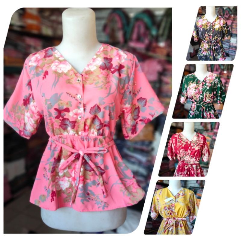 Baju Bunga Wanita Blouse Lengan Pendek Casual Karet Pinggang Cropp Semox