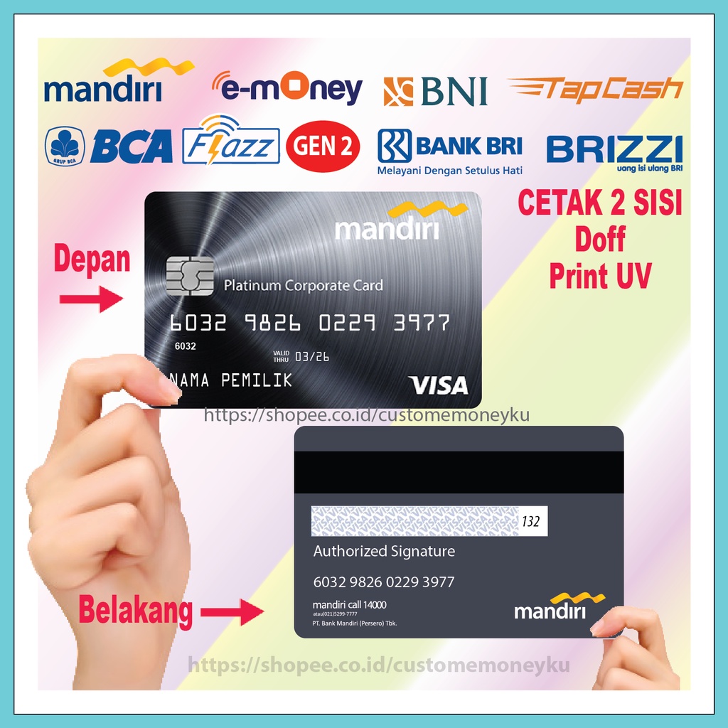 KARTU EMONEY DESIGN CUSTOM NAMA PLATINUM MANDIRI EMONEY MANDIRI FLAZZ BCA GEN 2 TAPCASH BRIZZI 2SISI