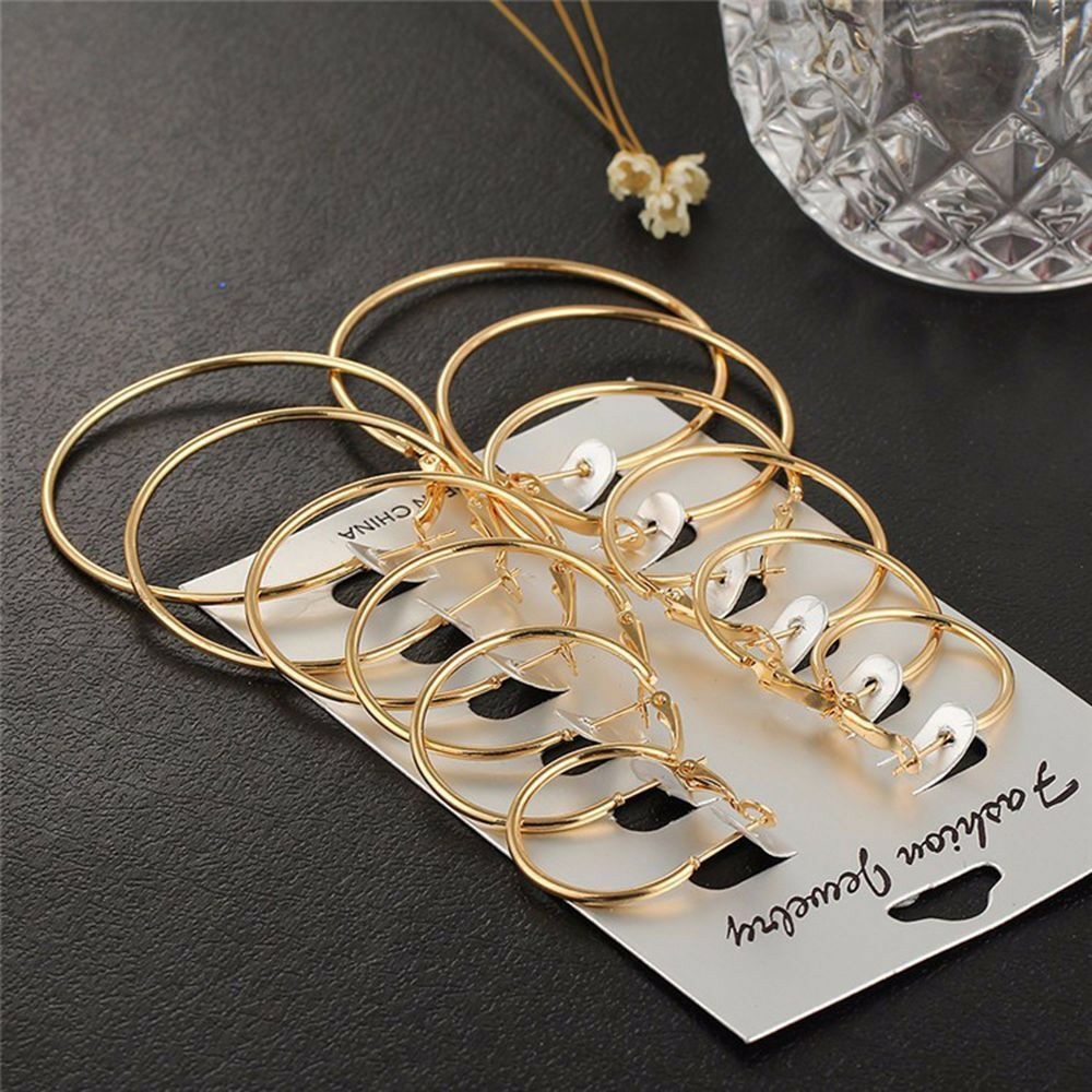 6Pasang/Set Anting Hoop/Bulat Ukuran Kecil Ke Besar Fashion Wanita Korea Aksesoris Murah