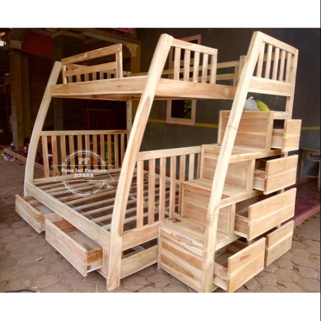 Bunkbed Dipan Anak Kayu Jati, Ranjang Tingkat Untuk Anak Model Minimalis Modern Murah