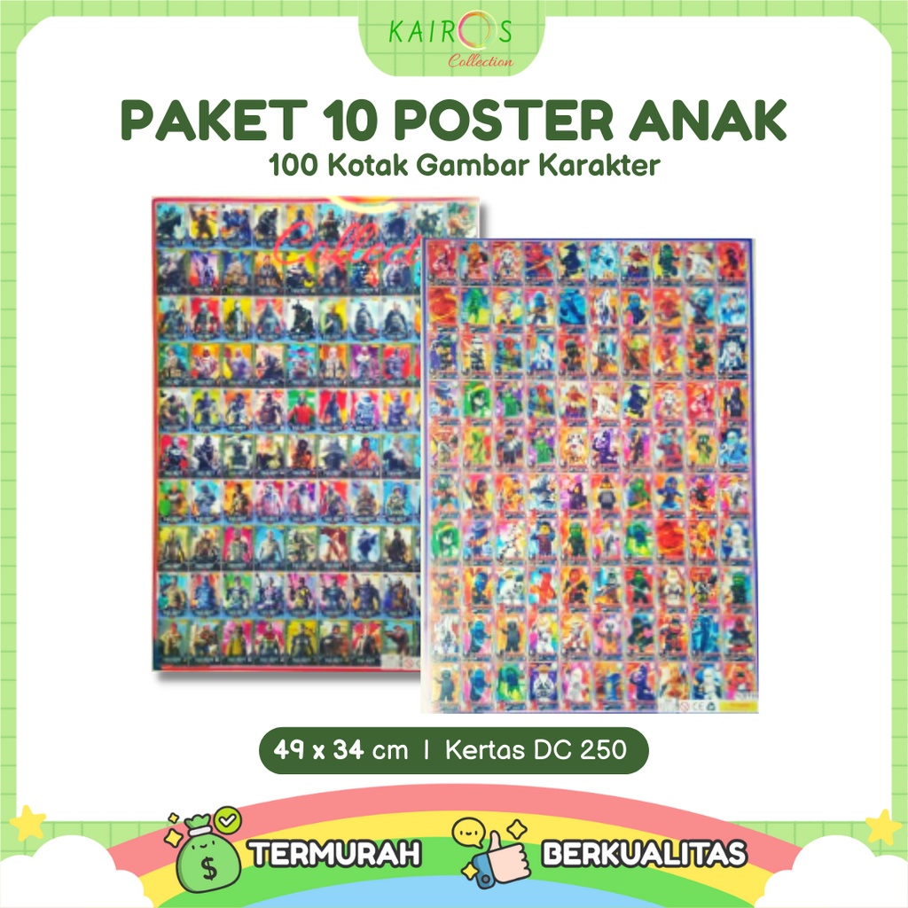 Paket 10 Poster Anak Edukasi Belajar Aneka Karakter 100 Kotak