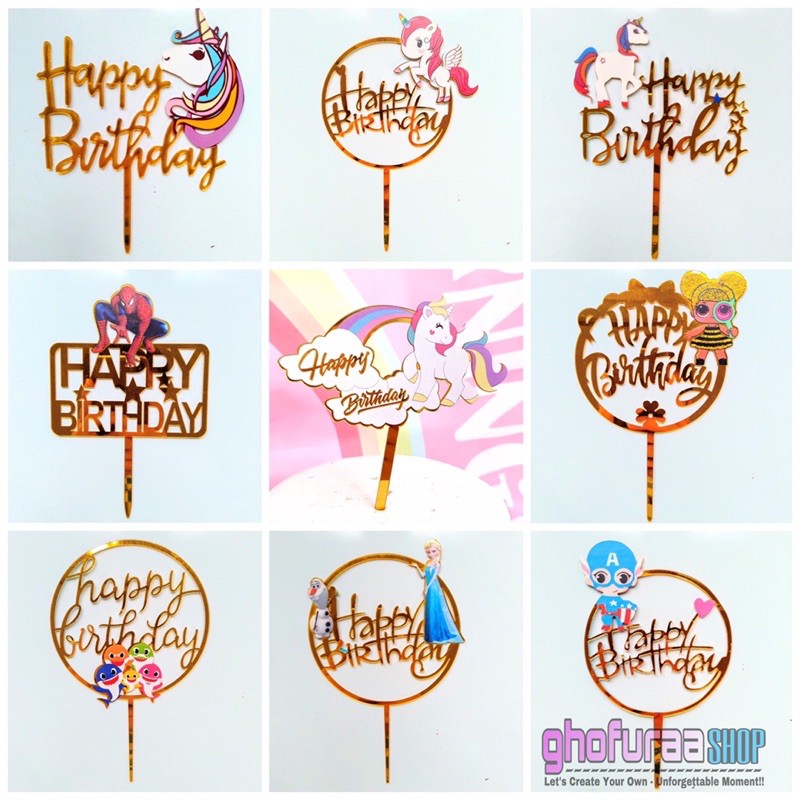 Topper Cake Akrilik Happy Birthday Hiasan kue ulang tahun acrylic unicorn lol frozen baby shark dll