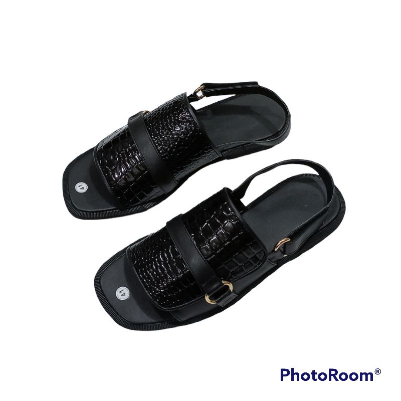 SB~SANDAL FLAT TALI KOKOP CROCO HITAM