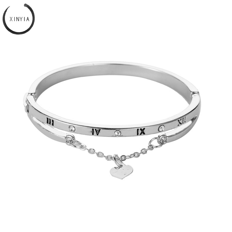 Luxury Gelang Stainless Steel Bracelets Bangles Female Heart Bracelet Rumbai Dengan Angka Romawi