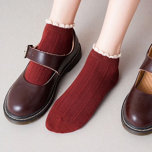[COD] Kaos Kaki Wanita Import Motif Garis Renda Kaos Kaki Polos Cantik dengan Aksen Renda Ala Korea Kaos Kaki Semata kaki Ankle Shock-Magenta