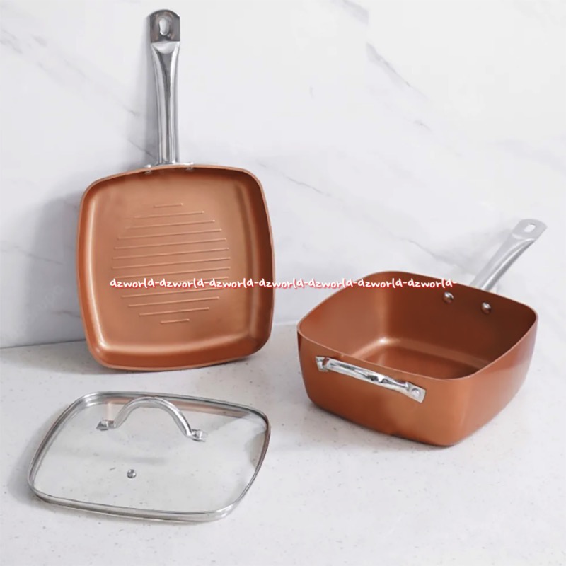 Culinart Ceramic Square Cookware 3pcs Panci Wajan Dengan Tangkai Warna Gold Tembaga Kuning Culin Art