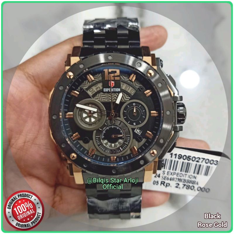 Jam Tangan Besar Expedition E6402 Pria Stainless Steel Tali Rantai Black Rose Gold Original