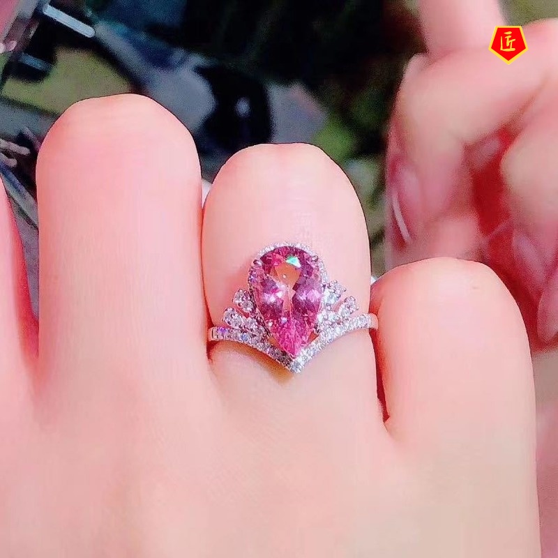 [Ready Stock]Luxury Crown Pink Tourmaline Colored Gems Open Ring