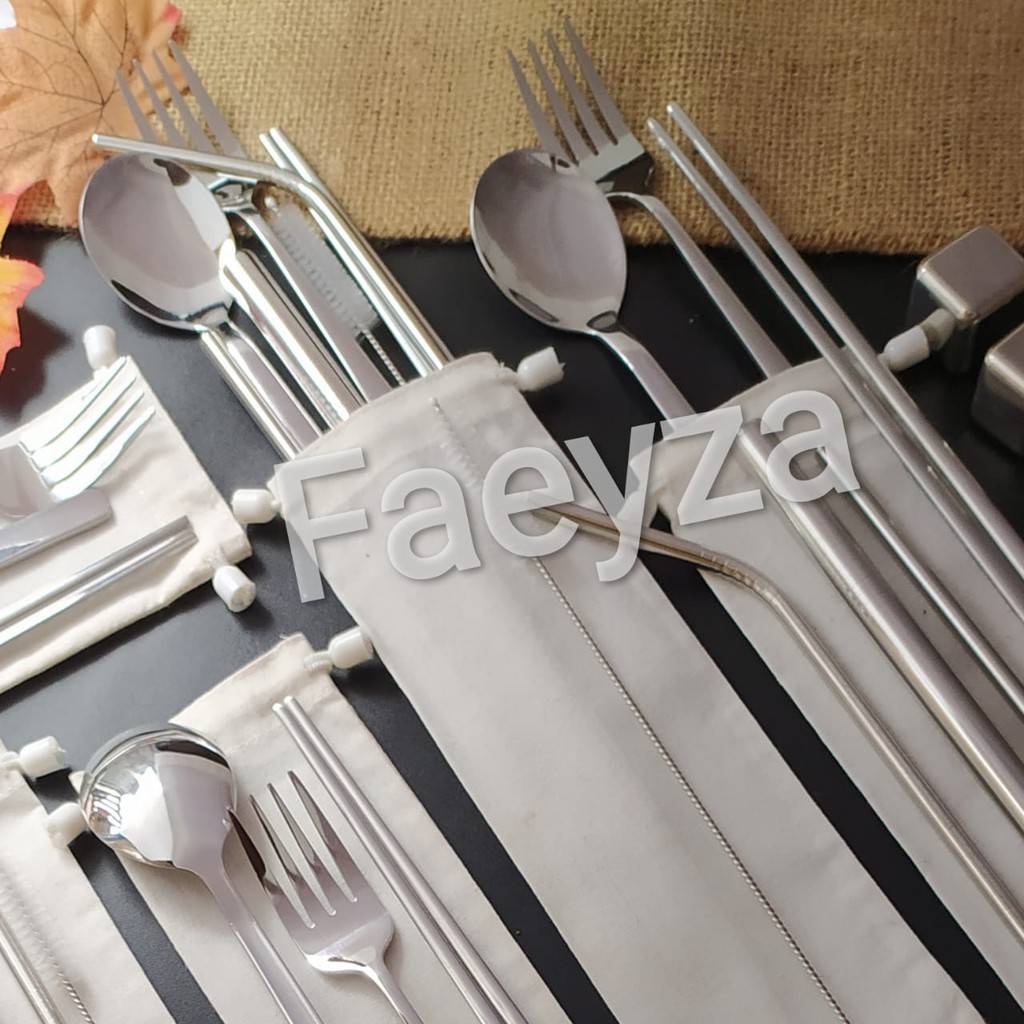Sendok Set Sendok Korea Set Garpu Sumpit Sedotan Stainless Set Pouch