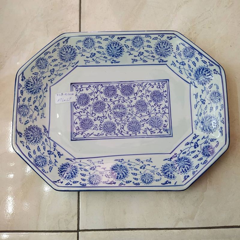 Piring Saji Keramik Biru Putih Kansai Segi/ Piring Kansai Keramik